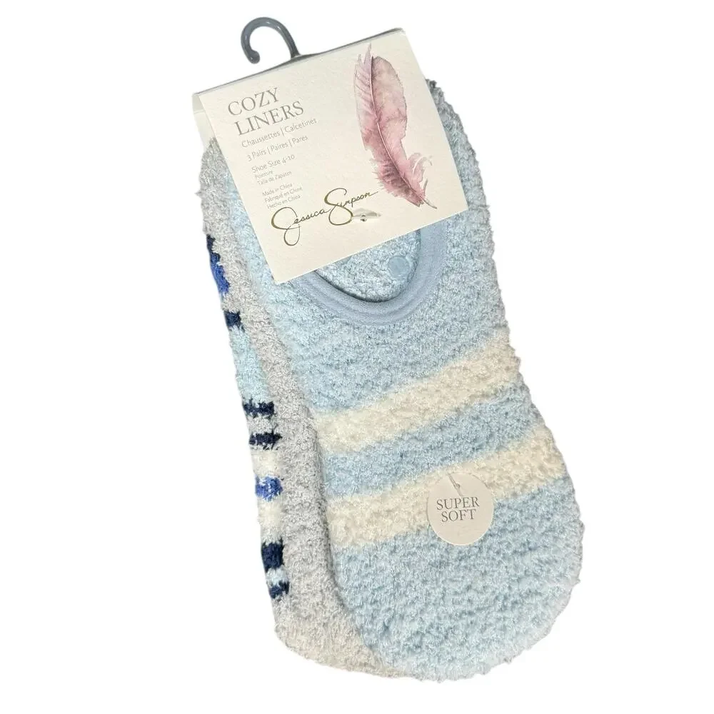 Jessica Simpson Fuzzy Non-Slip Socks Women 4-10 Blue Striped 3 Pairs Cozy Liners
